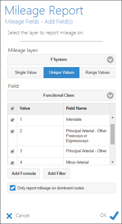 Calculating mileages for dominant routes per mileage field.